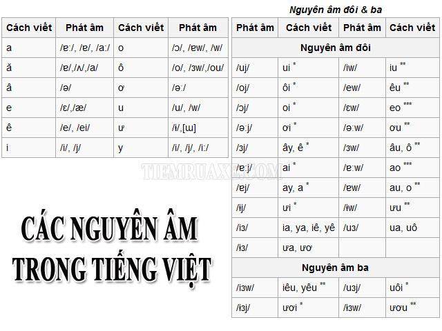 Các nguyên âm trong bảng chữ cái Tiếng Việt