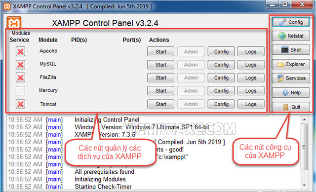 Khởi động bảng điều khiển XAMPP để sử dụng các ứng dụng liên quan