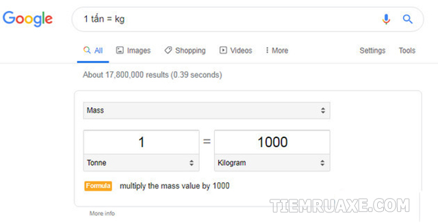 Quy đổi 1 tấn sang đơn vị kg bằng công cụ Google
