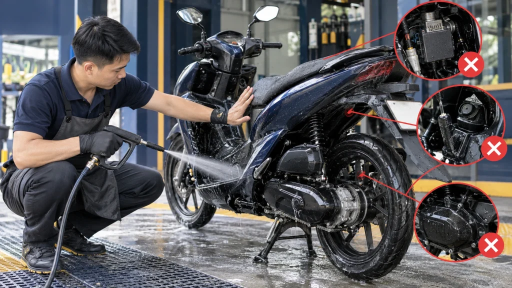 Rửa xe máy cần tránh những bộ phận nào - Tiệm Rửa Xe
